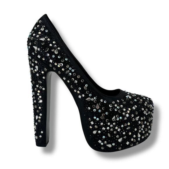 Delite Caroline Black Rhinestone Platform Pumps Heels Womens Size 38 7.5 8 - Picture 3 of 12